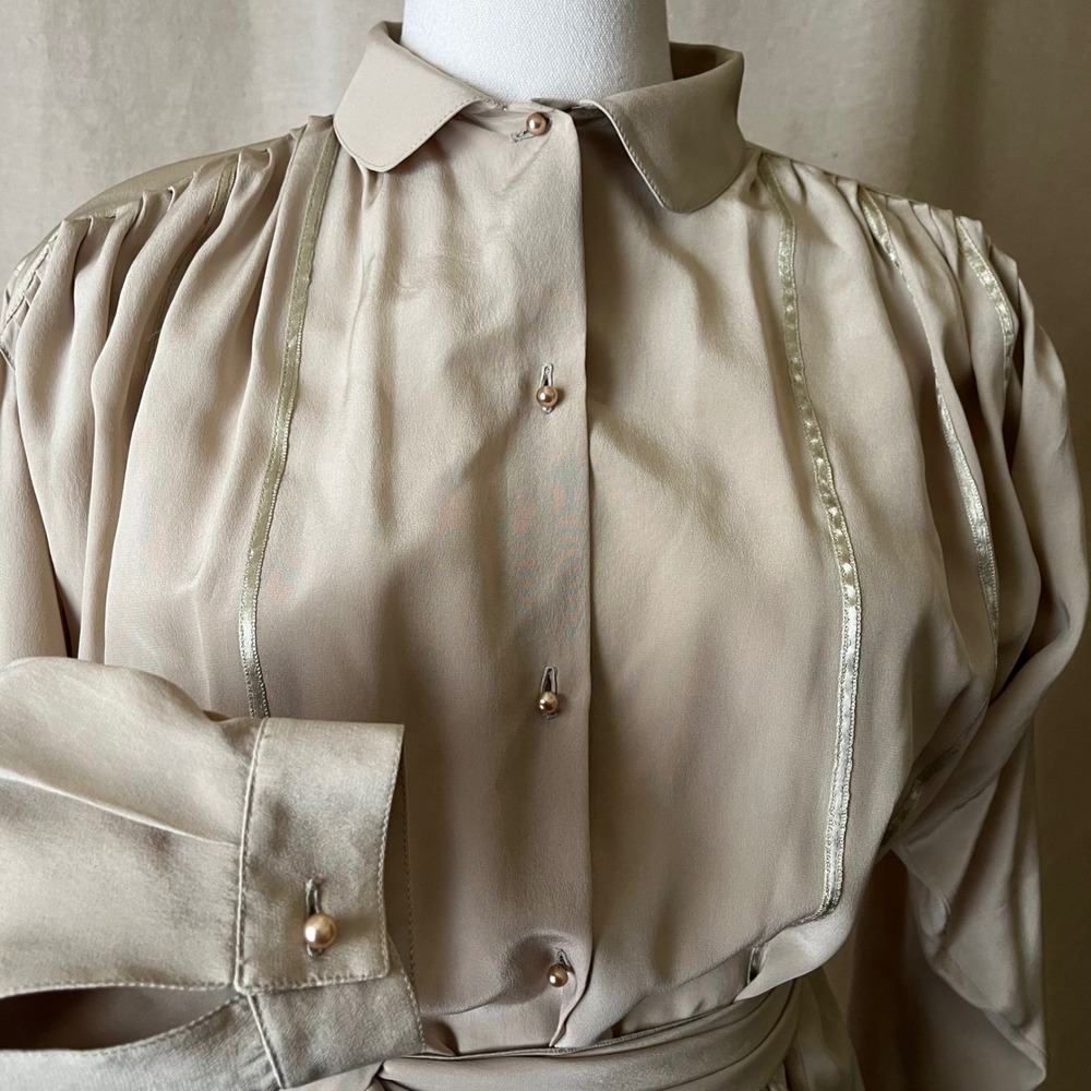 Vintage I. Magnin Silk Dress Italy Beige Oversized Tie Waist Size L - Picture 2 of 10